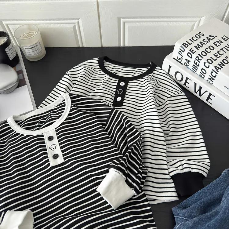 儿童韩版卡通长袖条纹T恤2025新款秋季宽松上衣潮