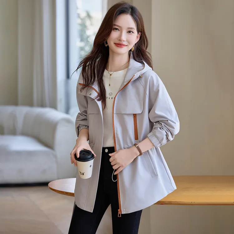 撞色连帽收腰显瘦中长款外套女2025年秋季新款时尚百搭高级感夹克