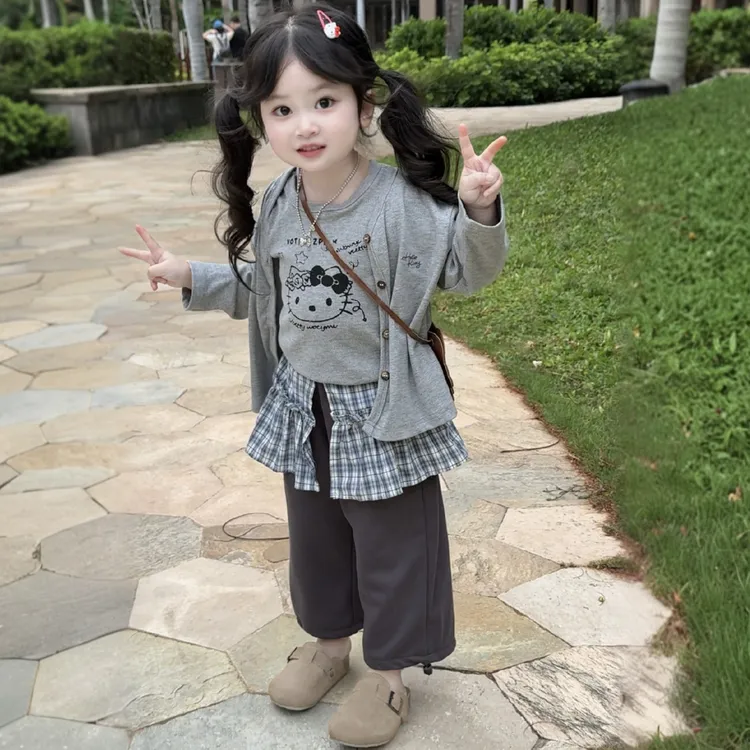 韩版女童装早春秋季儿童2025新款开衫套装小吊带直筒宽松休闲裤子