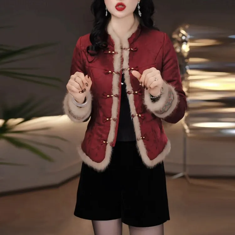 提花精纺红色夹棉加厚保暖短款棉衣外套女2025冬季新款小个子棉袄