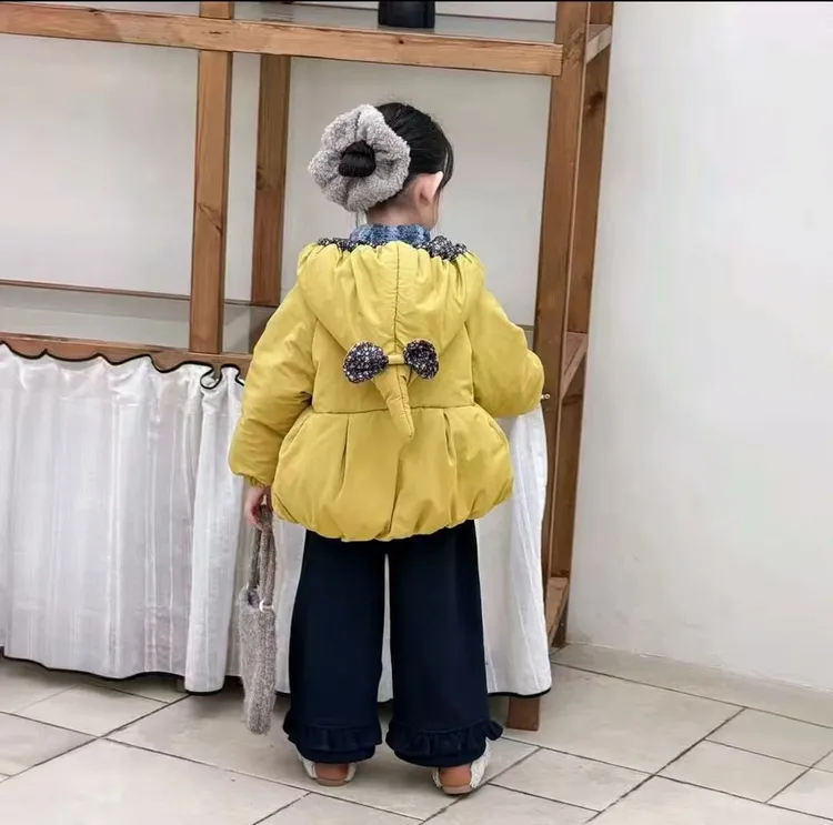 女宝2025冬季棉衣外套韩版可爱洋气蝴蝶结牛角帽加绒加厚冬装棉袄