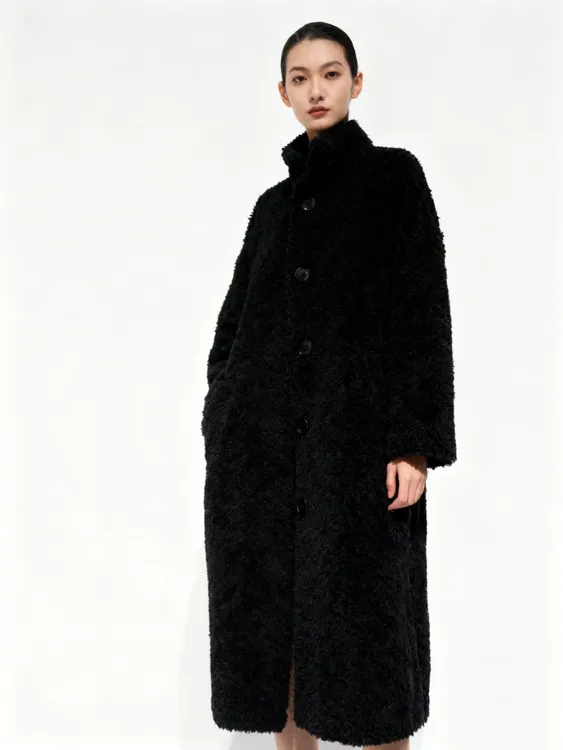 单排扣长款立领长袖女冬季长外套加厚秋冬宽松毛呢