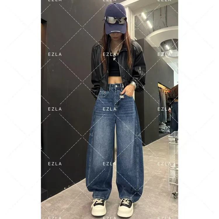 EZ8609-【早秋新款】深蓝色设计百搭显瘦无弹水洗美式老爹堆堆裤