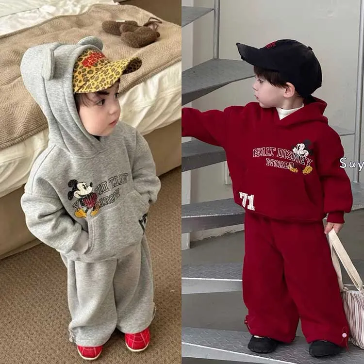 妙妙米奇~2025秋冬男童女童小童卡通米奇连帽卫衣卫裤套装加绒