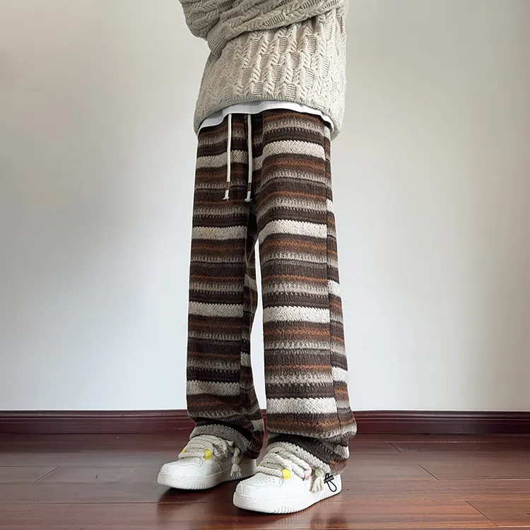 追属民族风条纹毛呢卫裤秋冬垂感慵懒风裤子设计感潮牌大码休闲裤
