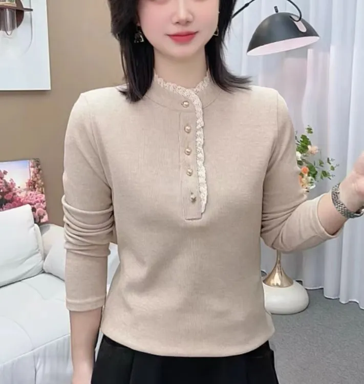 冬季新品女士上衣时尚洋气百搭气质减龄蕾丝木耳边长袖衬衫