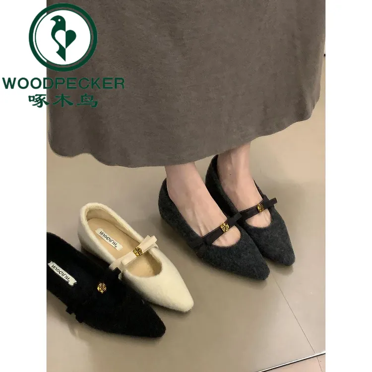 啄木鸟内增高浅口单鞋女2025配裙子加绒保暖玛丽珍鞋通勤毛毛鞋子