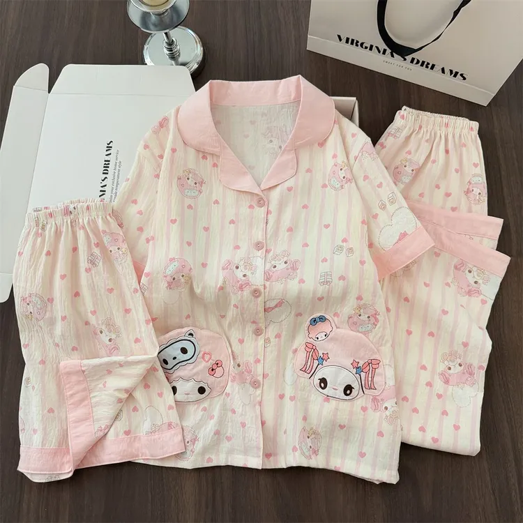 【爱心美乐蒂】短袖三件套粉彩风夏季新款睡衣可爱少女薄款家居服套