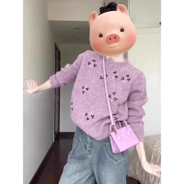 韩系慵懒风复古圆领长袖毛衣女秋冬新款设计感刺绣小个子针织上衣