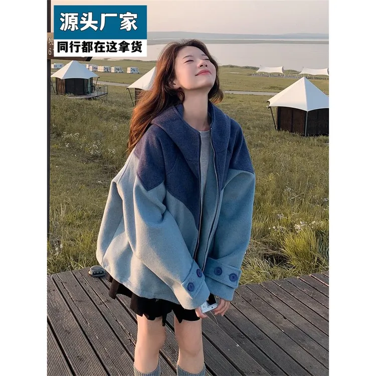 梵乐芬灰蓝色撞色连帽毛呢外套女秋冬2025新款小个子呢大衣流行韩
