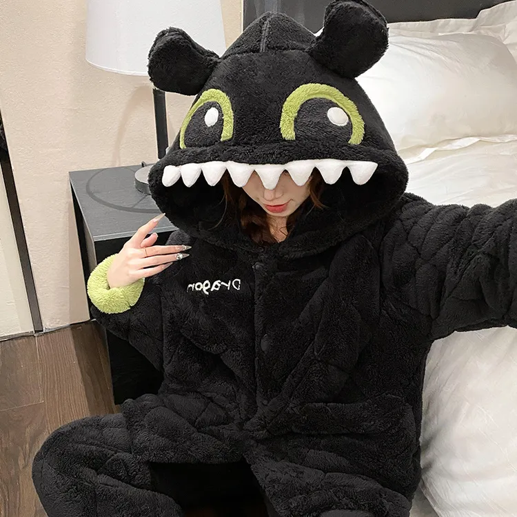 2025新款无牙仔珊瑚绒睡衣女冬季三层夹棉加绒加厚保暖家居服冬天