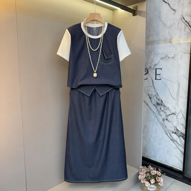 欧洲站时尚减龄简约休闲2025大码女装上衣+半身裙显瘦俩件套套装