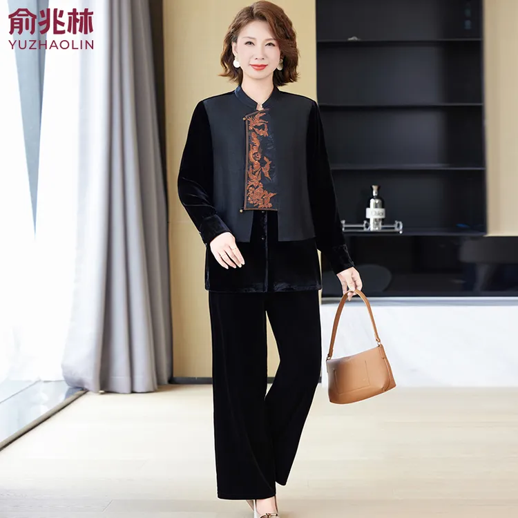 俞兆林妈妈秋装金丝绒大码两件套女中老年奶奶春秋新中式国风上衣