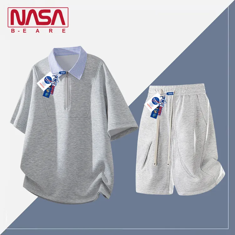 NASA联名半拉链条纹翻领短袖套装男士夏季拼色宽松休闲POLO衫一套