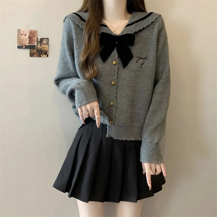 微胖女装遮肚子学院风蝴蝶结毛衣针织开衫百搭显瘦半身裙套装