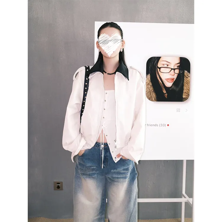 芊喜Studio 巴恩风短外套撞色翻领工装夹克宽松复古上衣