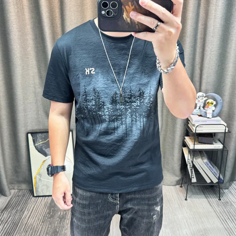 男士短袖t恤2025新款夏季卡通印花棉麻半袖体恤衫高端男装上衣潮