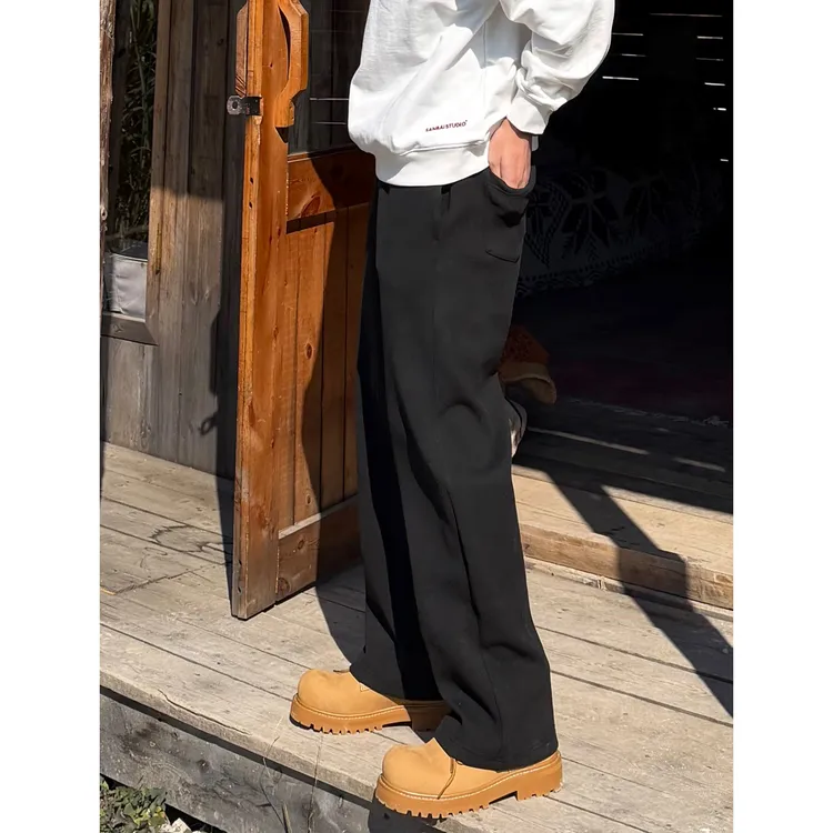 SANBAI 叁佰【重磅德绒】冬季黑色直筒百搭加厚保暖休闲长裤