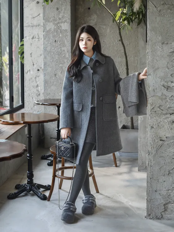 2025秋冬新款气质小个子宽松中长款娃娃领显高双面呢大衣19114
