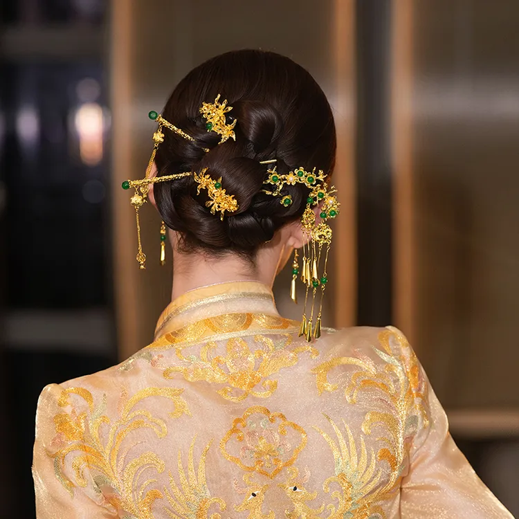 G291简约龙凤褂头饰中式婚礼发饰金绿发簪减龄新娘敬酒秀禾服头饰