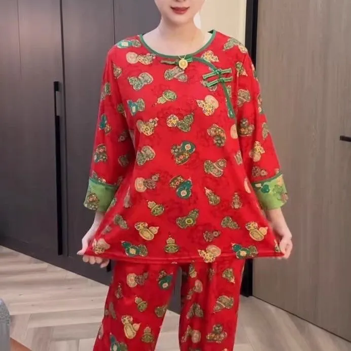 年款中国风家居套装两件套聚财葫芦暖绒洋气个性性感遮肚显瘦