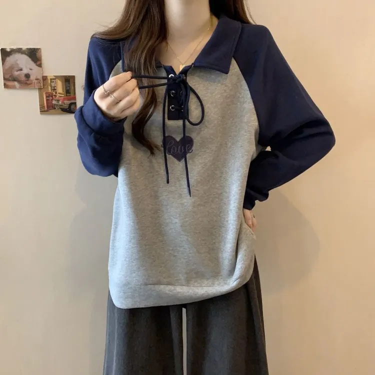 大码Polo领卫衣女2025秋冬新款韩版胖mm宽松显瘦插肩长袖上衣外套
