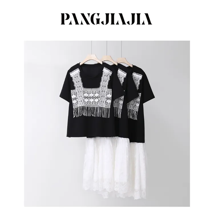 【胖佳佳】现货~蕾丝狙击 夏季时尚短袖连衣裙拼接T恤H625Z03797