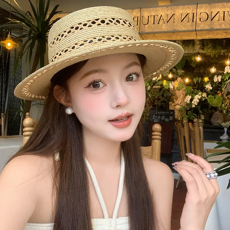 手工编织平顶拉菲草帽女夏季2025新款帽子镂空遮阳防晒帽法式礼帽