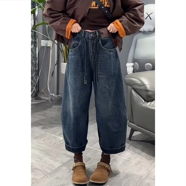 艾塔莉秋季新款大码牛仔裤宽松美式阔腿裤复古港风气球裤显瘦高腰