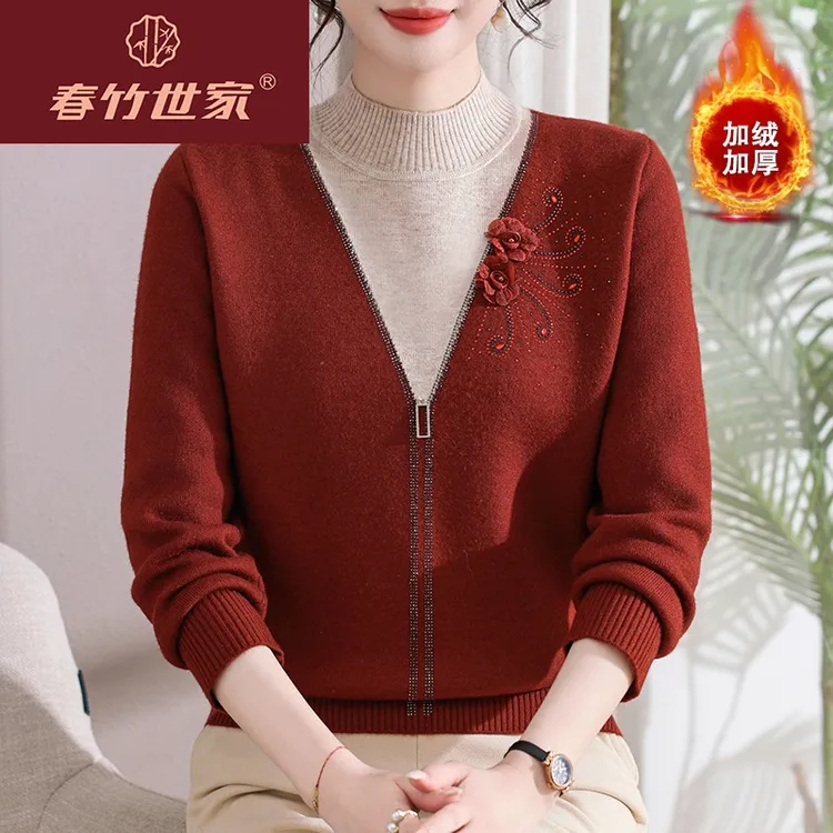 春竹世家名品牌半高领毛衣女加绒加厚保暖上衣中老年妈妈打底衫