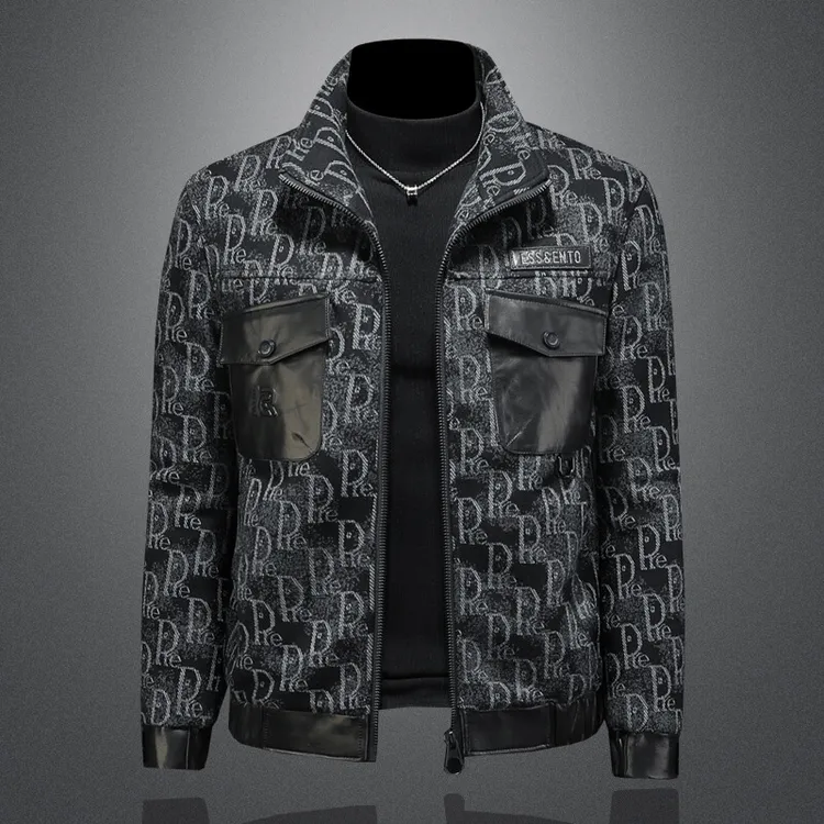 费比萨彻高端韩版冬季90%白鸭绒毛呢立领提花领羽绒服外套男装