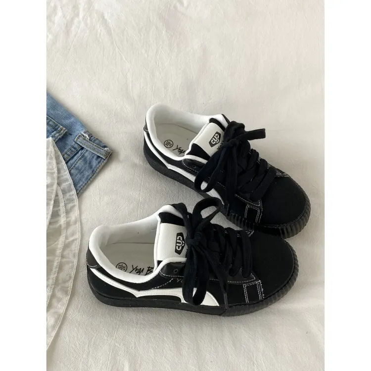 韩版黑色板鞋女款2025夏季新款复古百搭厚底德训鞋学生休闲小黑鞋