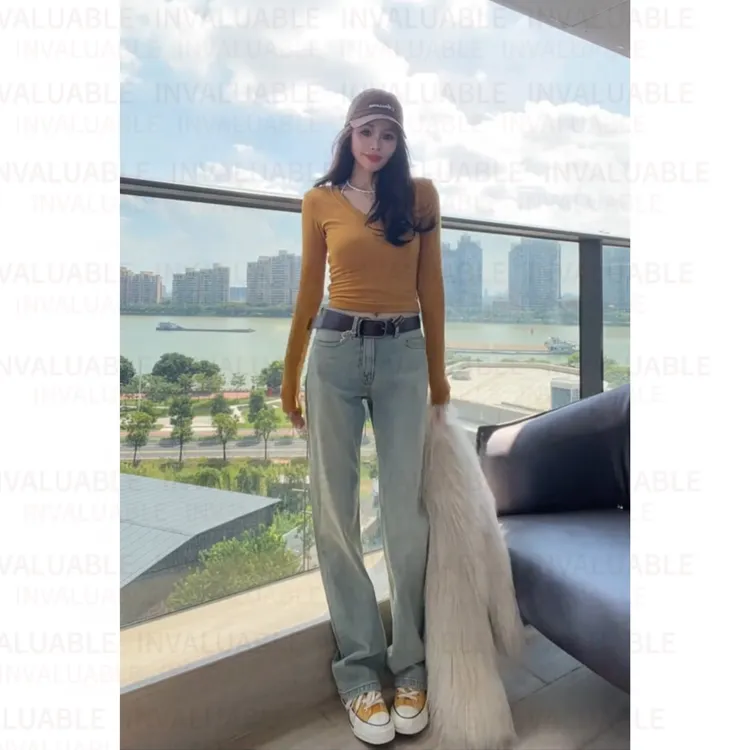 直筒休闲风无弹秋冬牛仔裤裤子加绒显瘦秋季少女风休闲