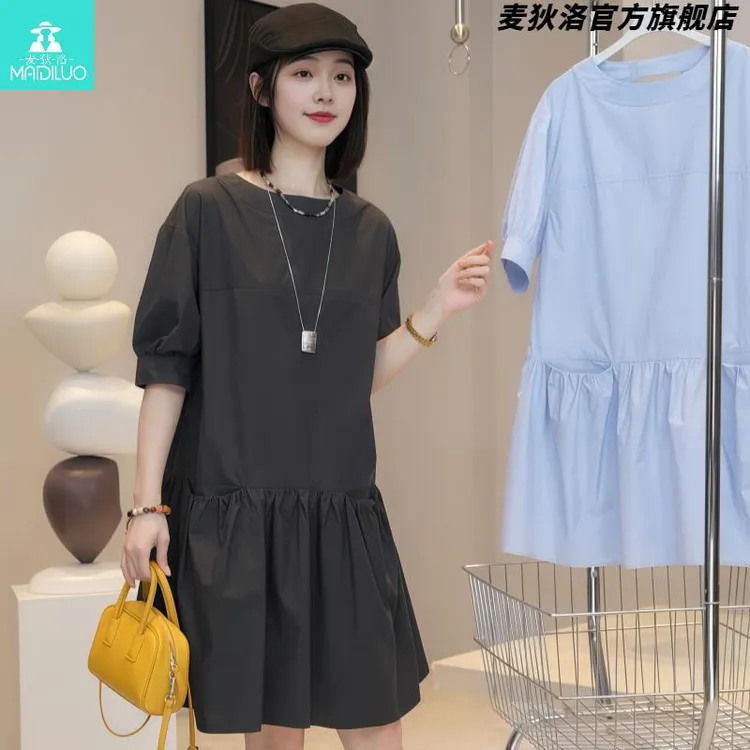 韩系减龄圆领短袖衬衫裙女2025夏季新款大码胖MM显瘦高级感连衣裙