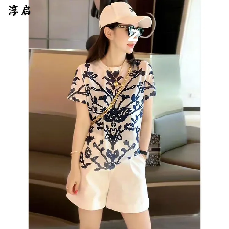 淳启时尚休闲印花网纱短袖女夏季2025年新款气质减龄圆领百搭上衣