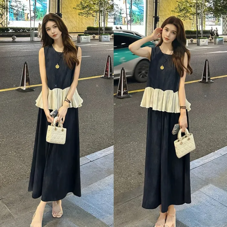 拉夏贝尔时尚套装裙女2025夏季新款洋气显瘦无袖上衣半身裙两件套