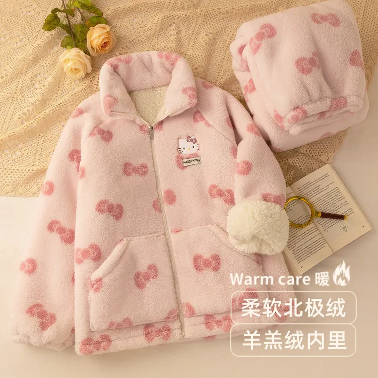 【双层加厚】睡衣女秋冬季加绒珊瑚绒拉链款家居服套装可外穿外套