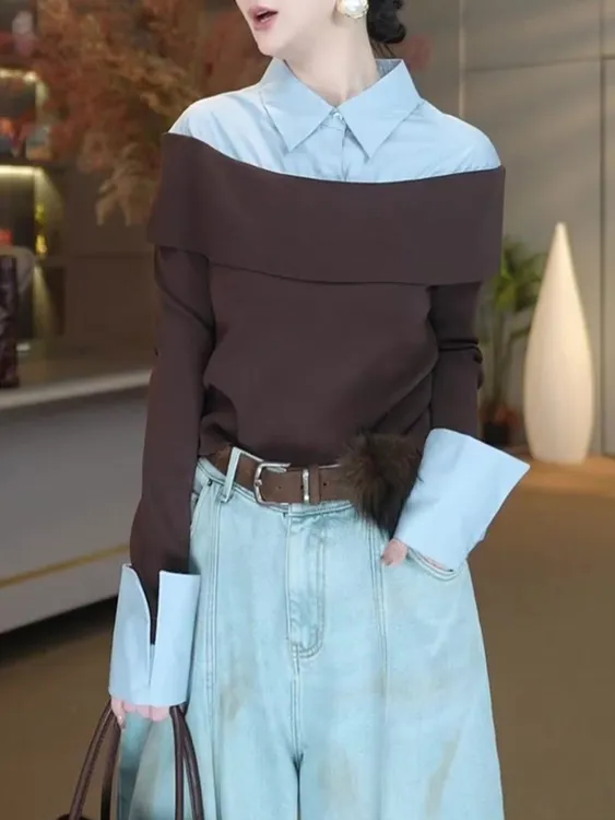 法式高级感Polo领拼接长袖女2025秋季新款显瘦减龄气质设计感上衣