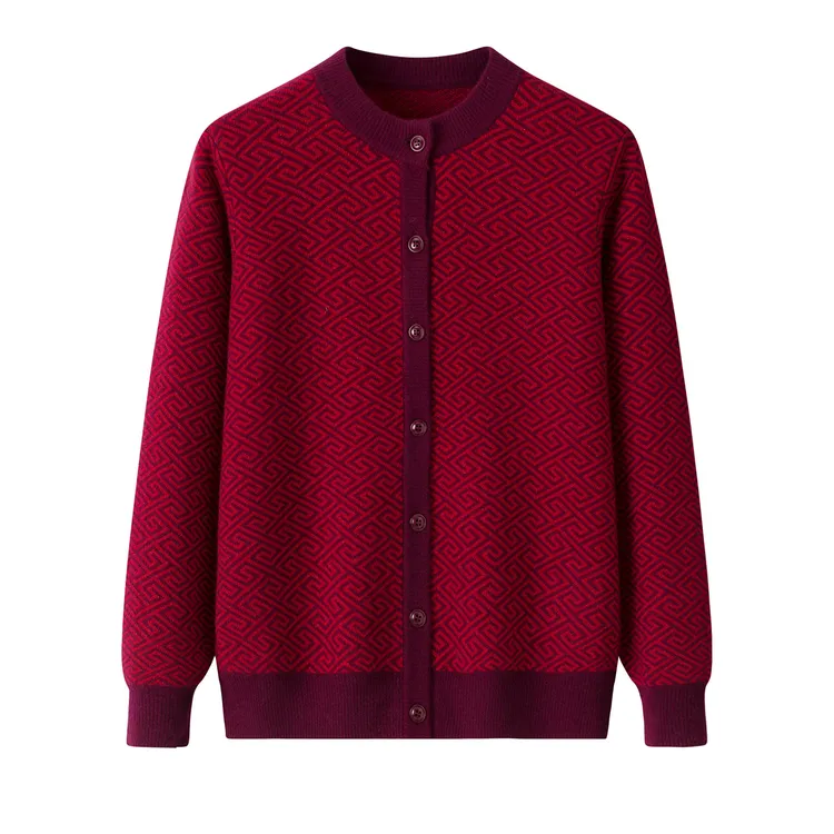 中老年印花羊毛衫加厚红色中老年女装肌理女士奶奶装针织衫外套