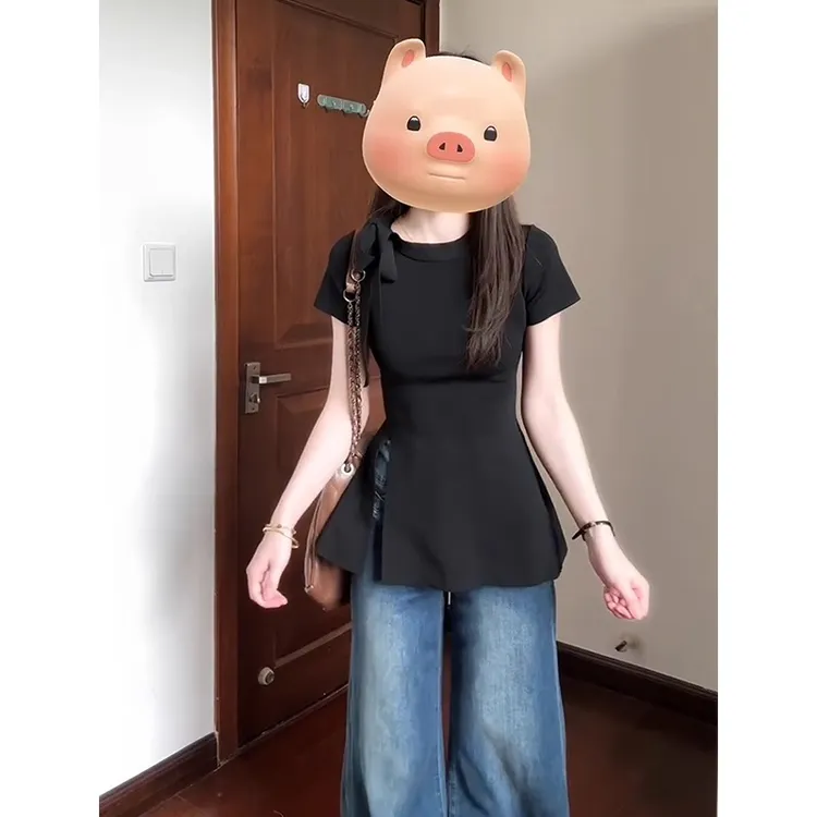 黑色蝴蝶结系带冰丝针织短袖T恤女夏季修身开叉独特漂亮掐腰上衣