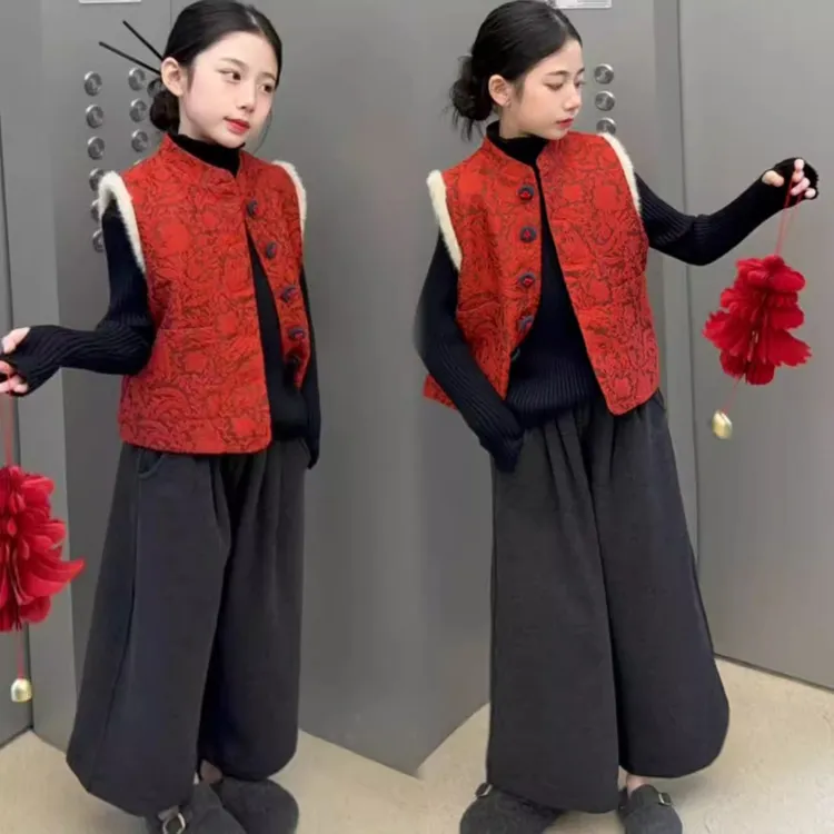 女童新年中式红色浮雕刺绣马甲九分加绒阔腿裤拜年服气质套装国潮