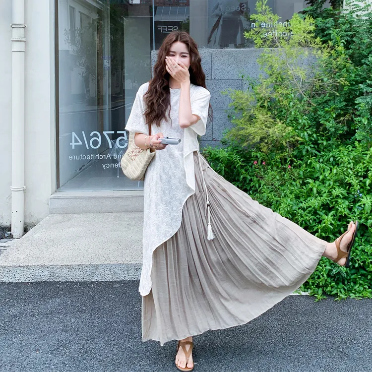 氛围感韩系套装裙女2025夏季新款不规则蕾丝波浪T恤半身裙两件套