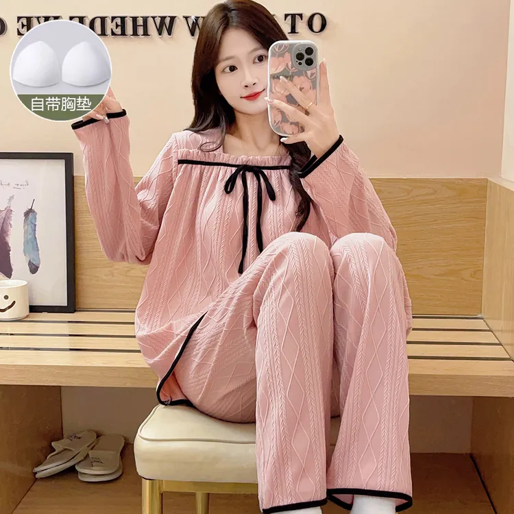 带胸垫睡衣女春秋款2025年新款薄款长袖简约甜美秋天家居服可外穿