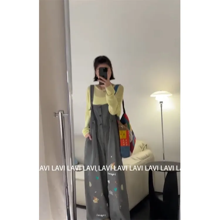 慵懒风气质修身显瘦简约百搭时尚针织长袖上衣卡通印花宽松背带裤