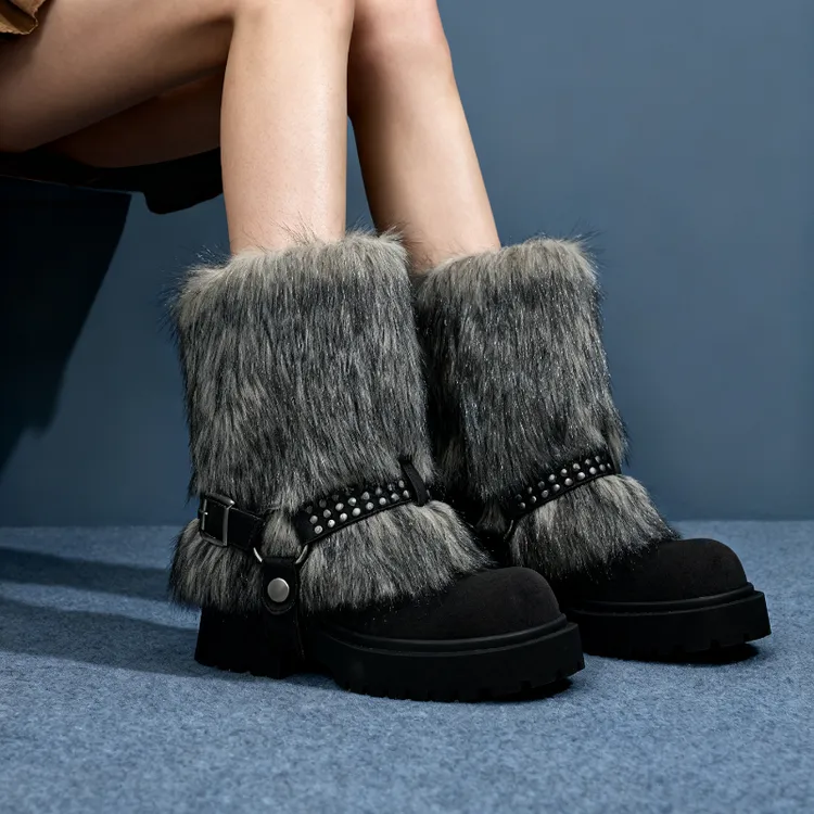 茸茸熊 两穿可拆卸厚底短筒灰色雪地靴女2025新款毛毛靴子