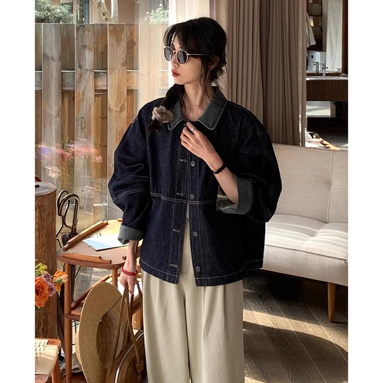 复古拼接水洗牛仔外套女翻领2025秋季新款韩系宽松休闲夹克上衣女