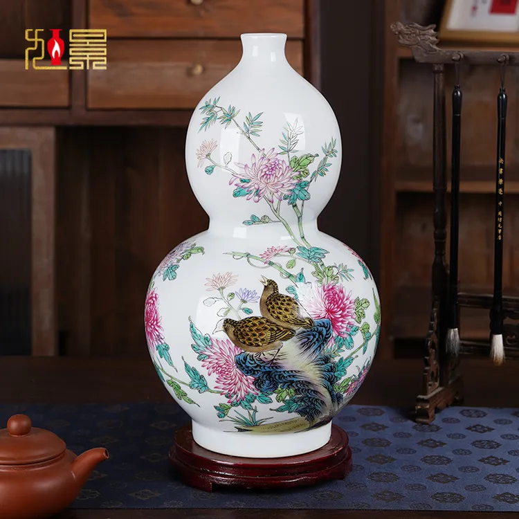 景德镇陶瓷花瓶手绘安居乐业葫芦瓶对瓶摆件中式客厅玄关家居装饰