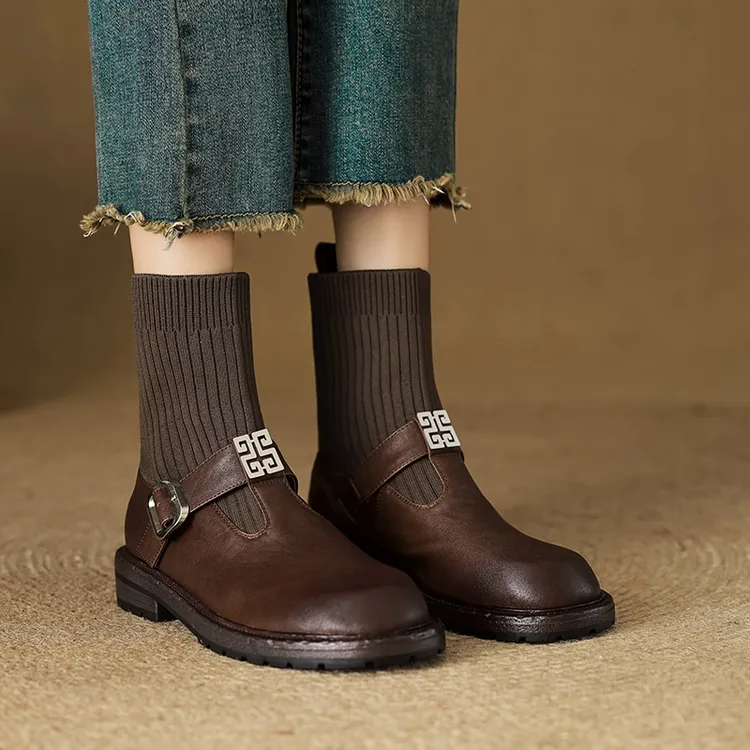 3.5CM韩版毛线筒袜子靴粗跟秋冬百搭瘦瘦靴真皮大码玛丽珍短靴子