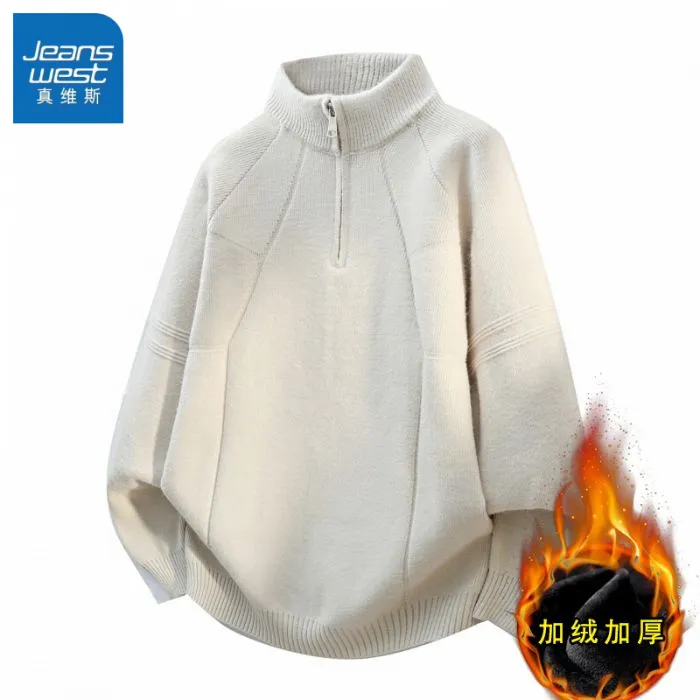 Jeanswest/真维斯秋冬新款纯色半高领拉链针织衫加绒加厚帅气毛衣
