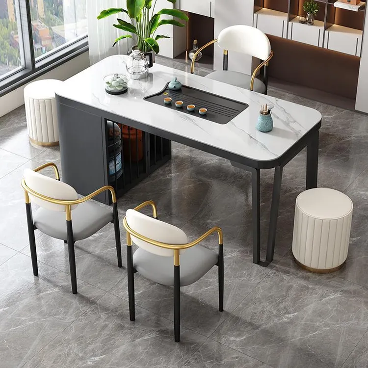 轻奢岩板茶桌家用小型茶台阳台泡茶桌现代碳素钢办公室茶桌椅组合